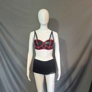 Red Black Two Piece Sequins Fringe Outfit Adult Small Skating Dance Halloween